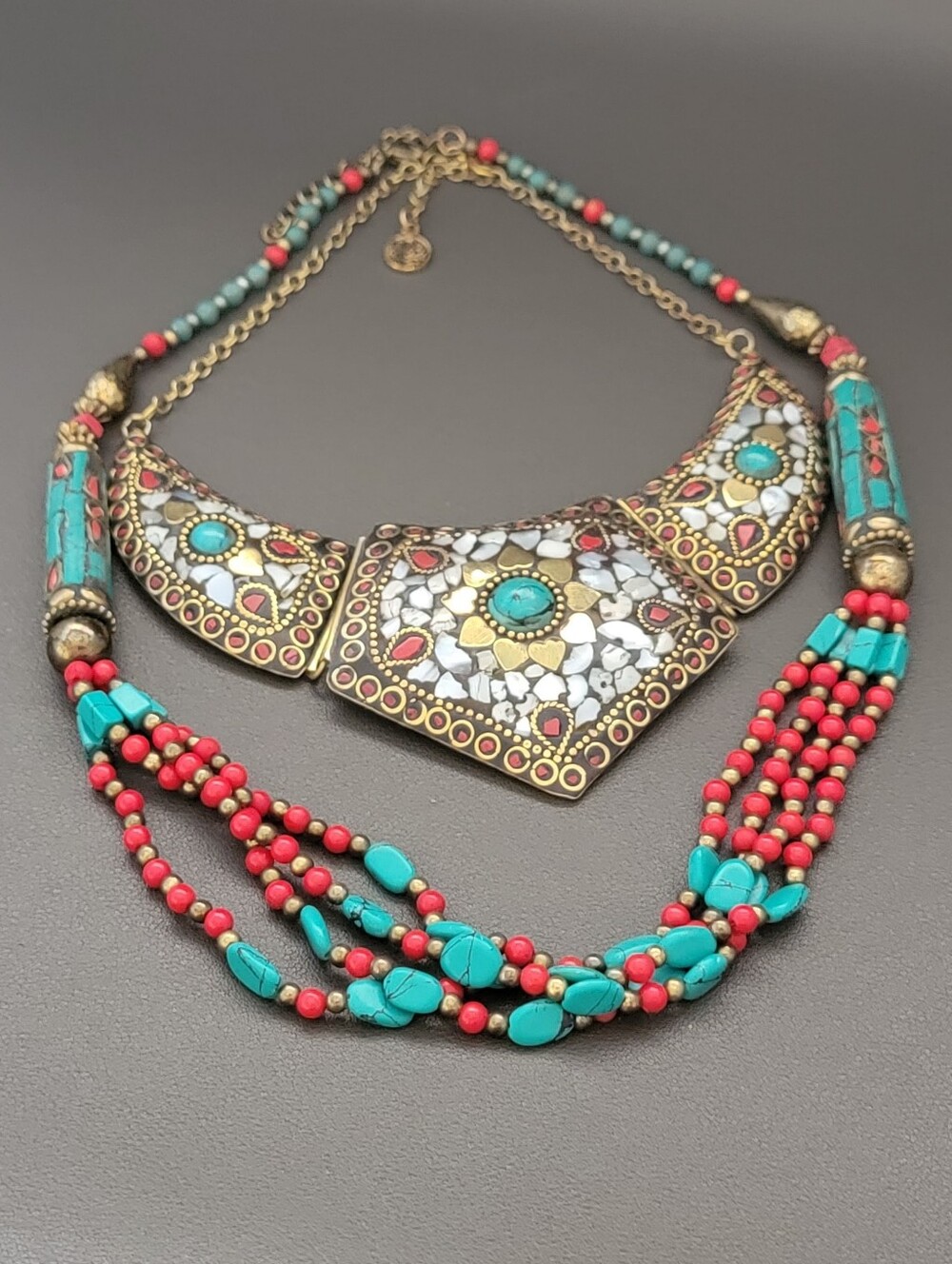 Boho Tibetan Style Mosaic Turquoise & Coral Color Necklace Bundle